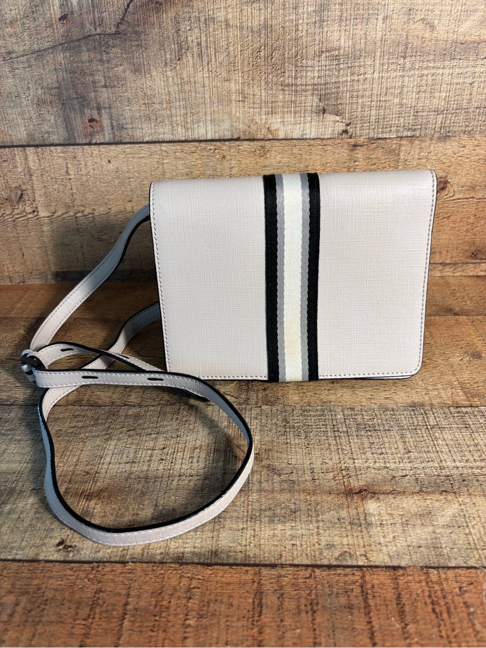 Botkier Light Gray Saffiano Leather Crossbody Bag Striped Austin Mini Purse